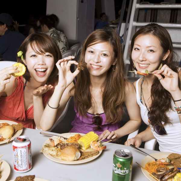 a group of people sitting at a table with a plate of food