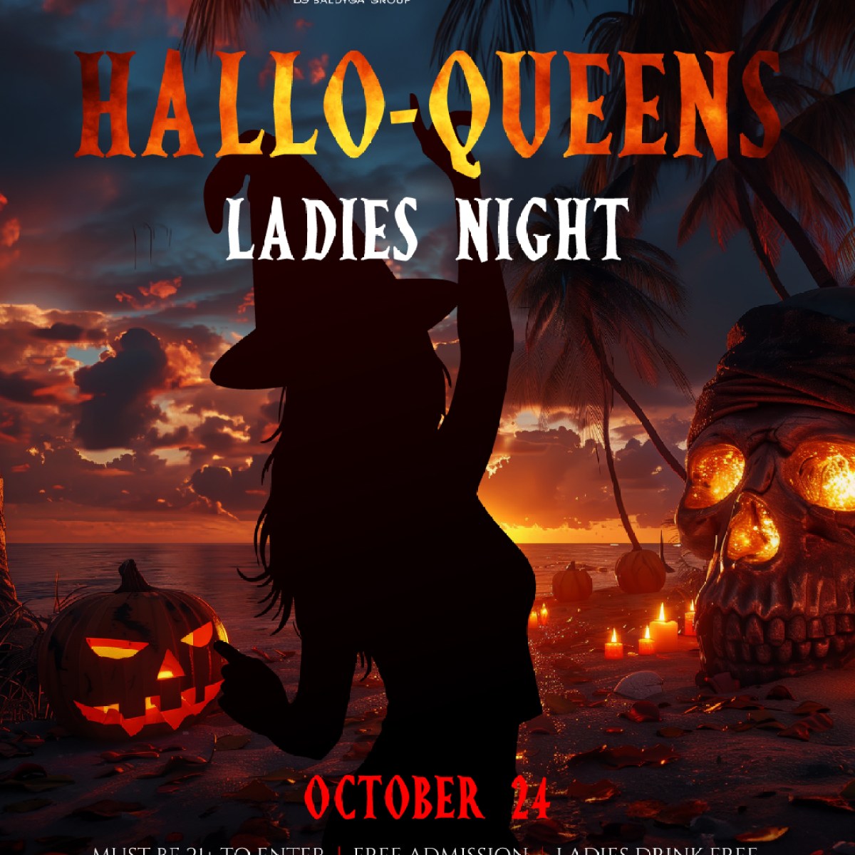 Silhouette of a witch, jack-o'-lanterns, and a skull against a sunset for Hallo-Queens Ladies Night on October 24.