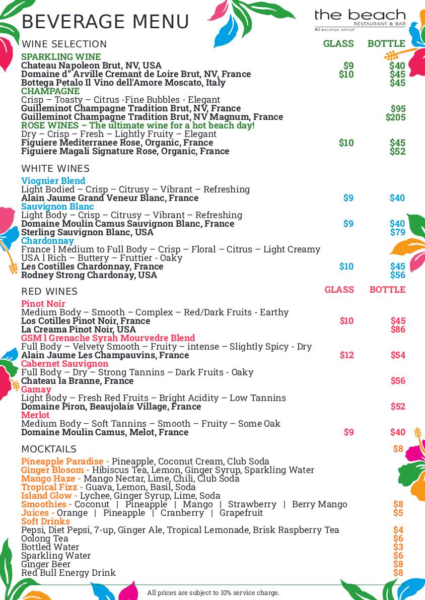 Colorful beverage menu with wine, mocktails, and soft drinks listed with prices for glass and bottle.