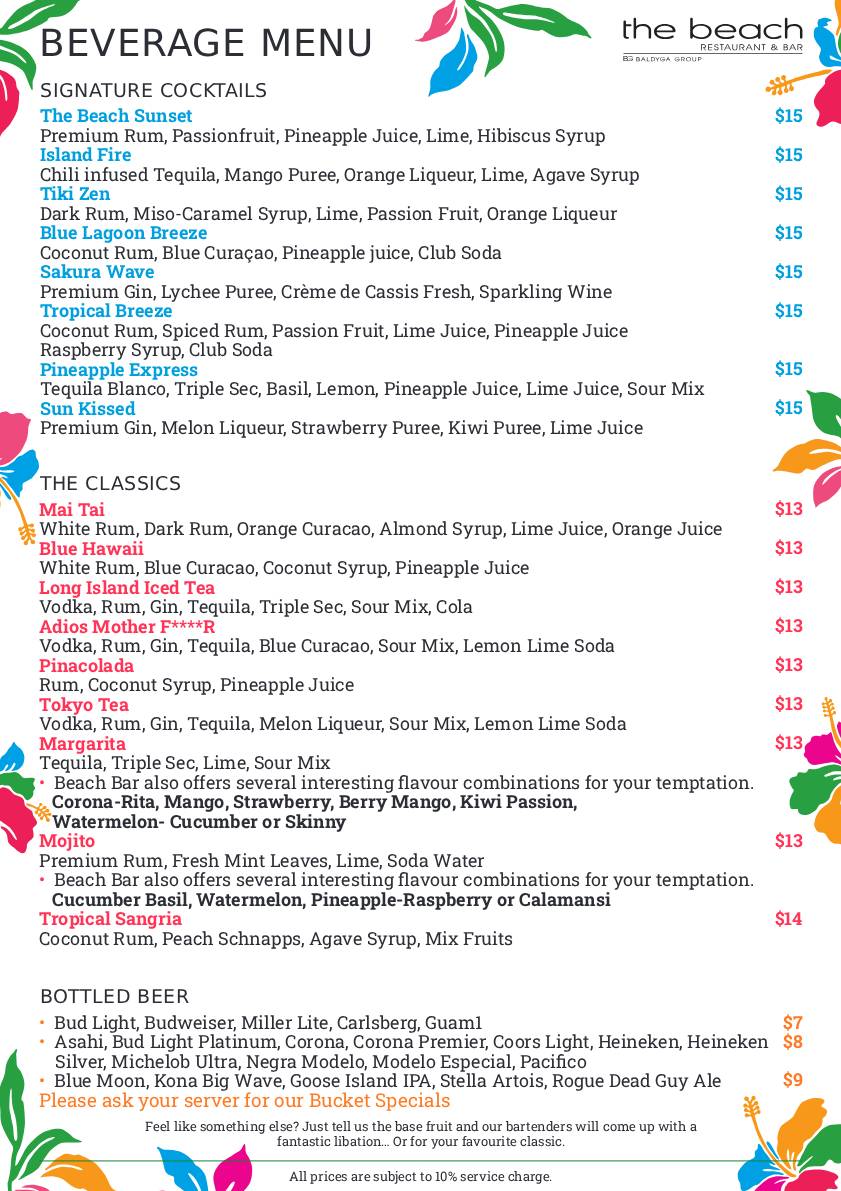 Beverage menu listing cocktails, classics, and bottled beers with prices, featuring colorful floral motifs.