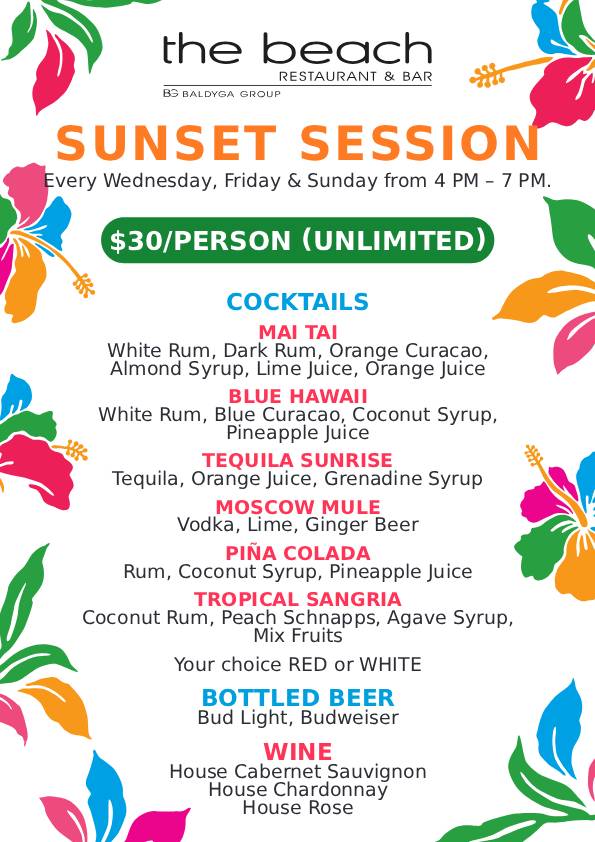 Event flyer for 'Sunset Session' at The Beach Restaurant with drink list and floral design.