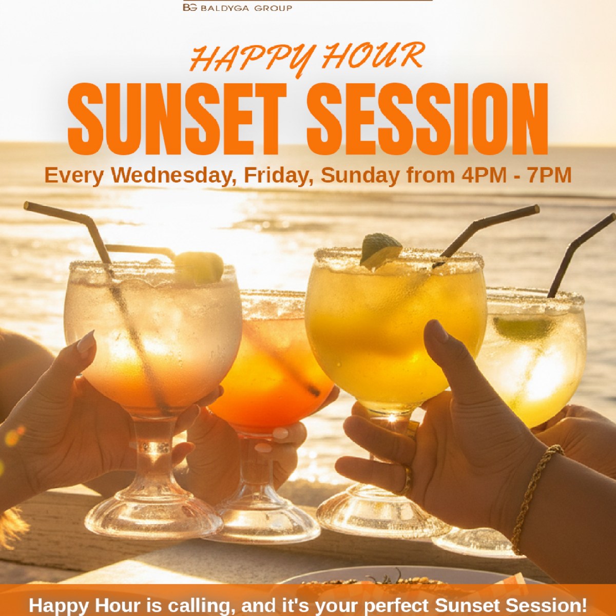 Four cocktails raised in a toast at sunset, promoting a restaurant's happy hour sunset session.