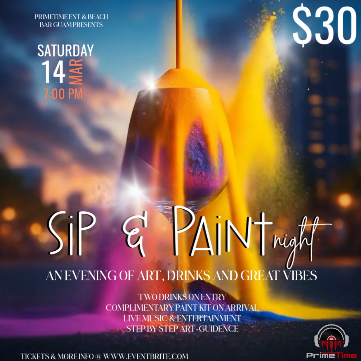 Sip & Paint Night poster with colorful splashes and event details for March 14, 7 PM, cost $30.