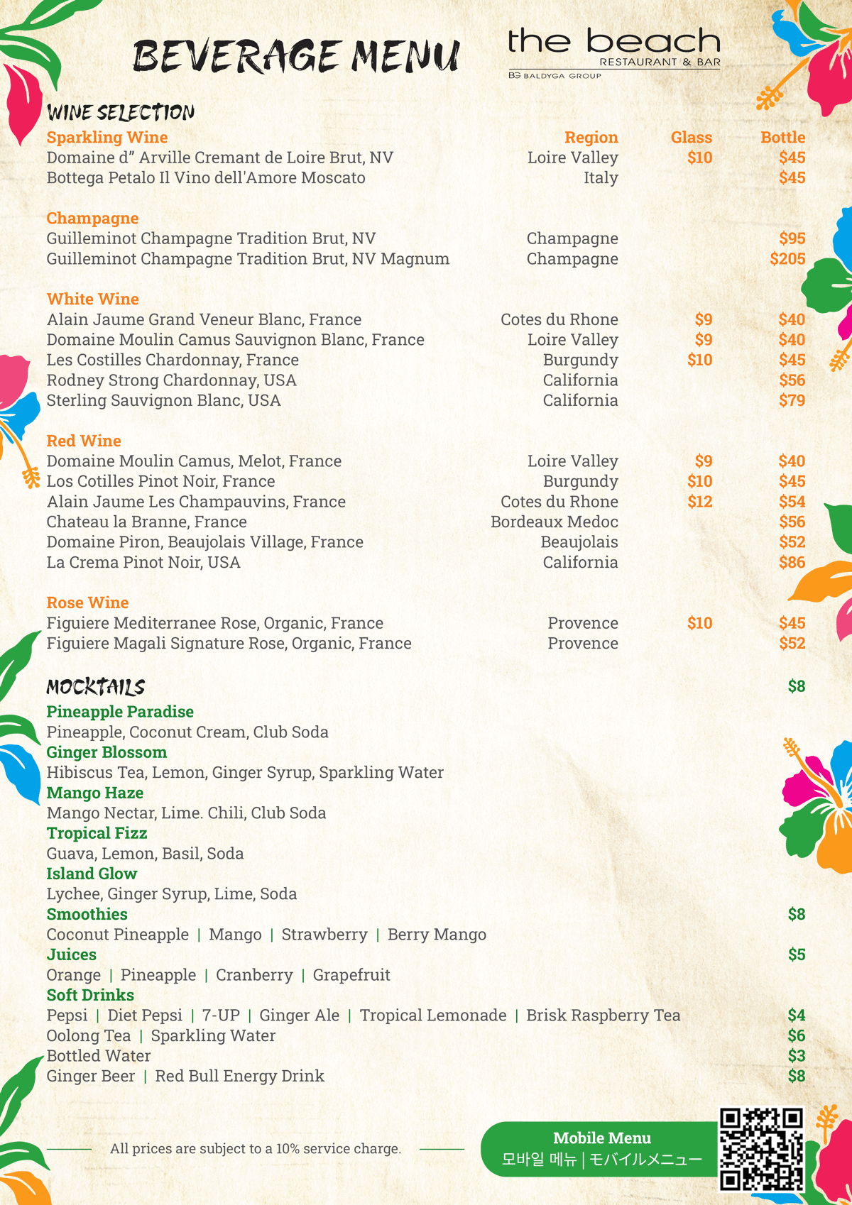 Beverage menu with wine and cocktail options, prices, and descriptions at The Beach restaurant.