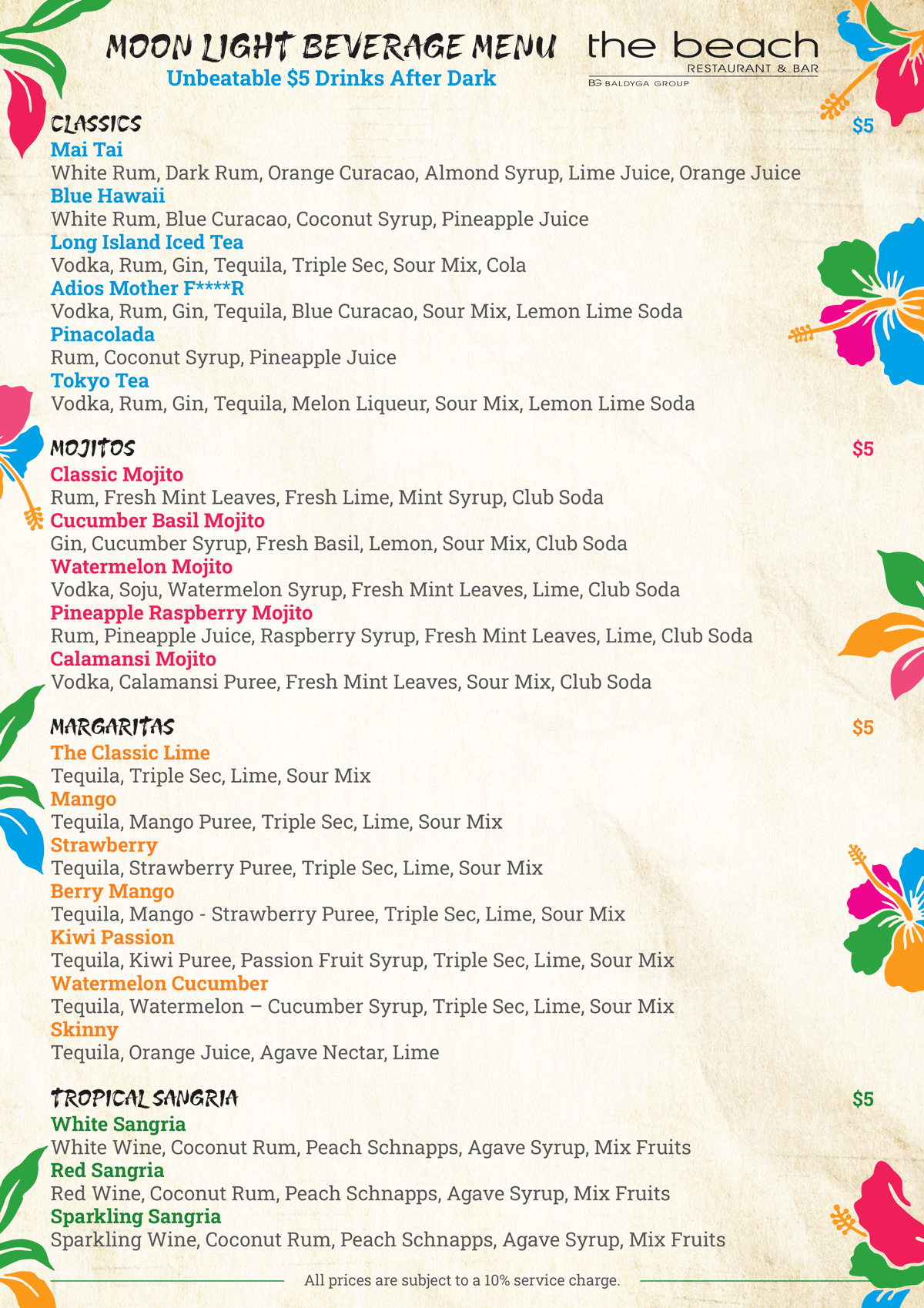 Colorful moonlight beverage menu with cocktails, mojitos, sangrias, and prices listed.