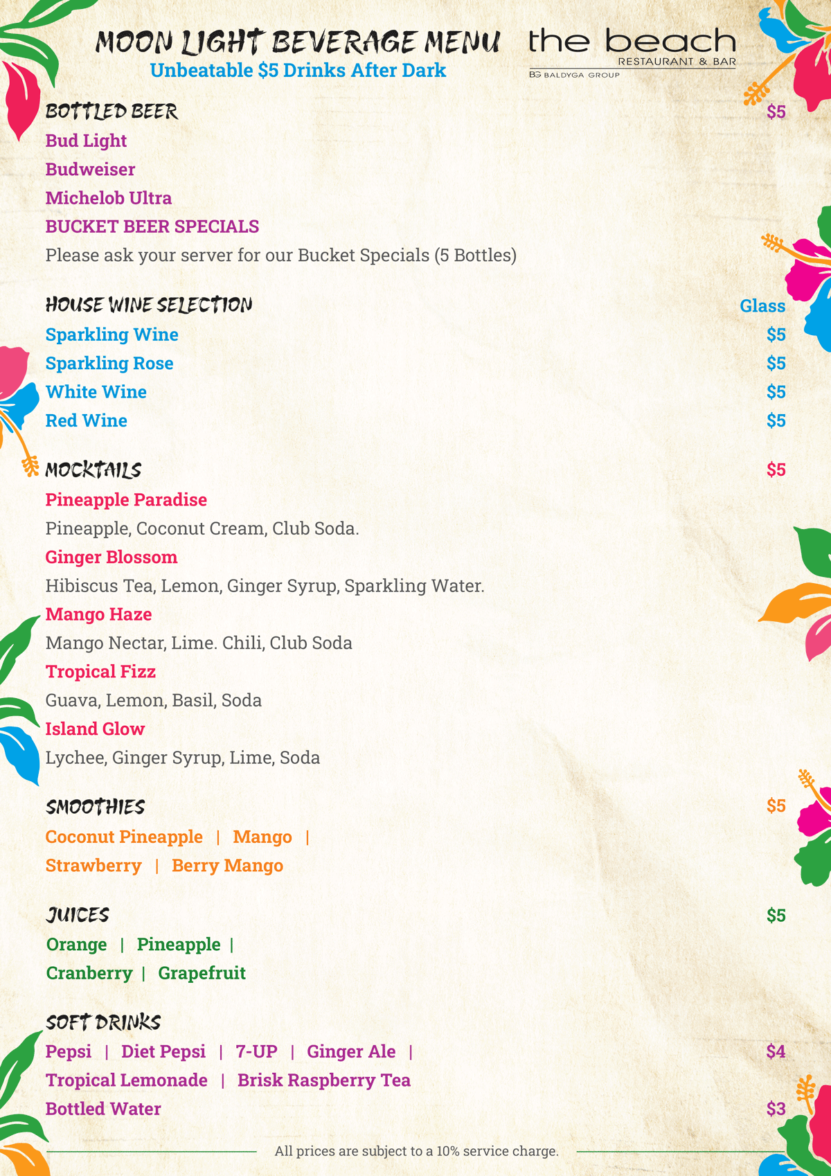 A colorful drink menu featuring bottled beer, wines, mocktails, smoothies, juices, and soft drinks.