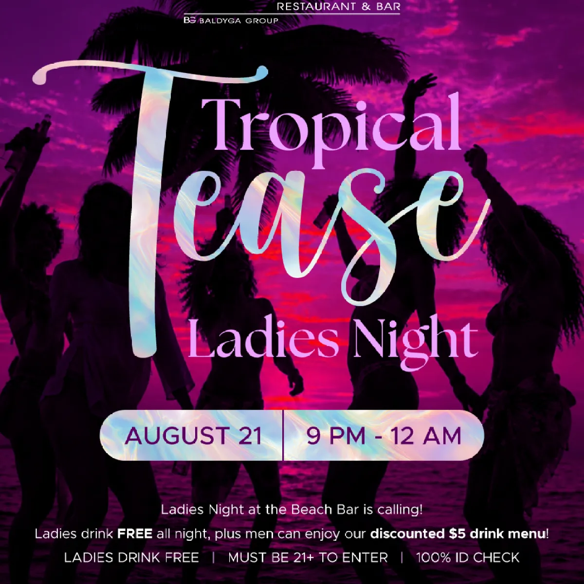 Silhouettes of dancing people at sunset for Tropical Tease Ladies Night event poster.