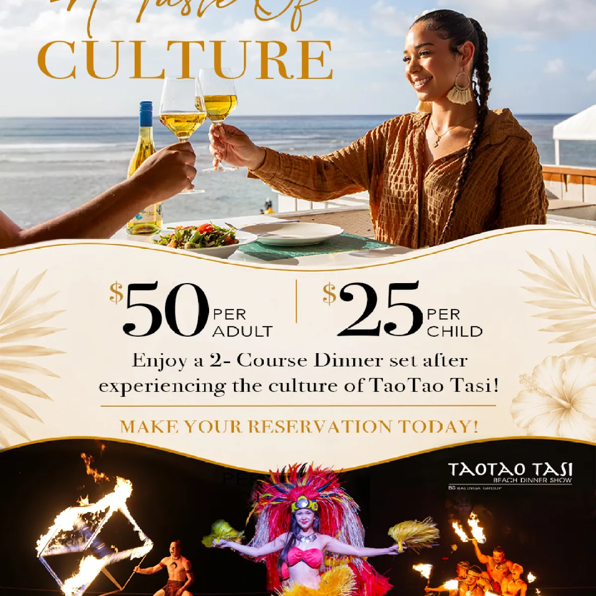 A poster showing dining by the sea with fire dancing, promoting a cultural dinner event at The Beach Restaurant.